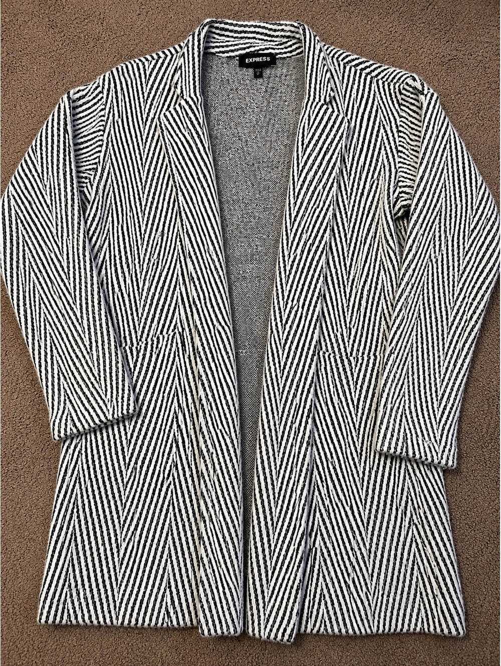 Express Women’s Open Front Chevron Knit Cardigan Sweater Black White Size S